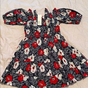Janie and Jack Navy Dress with Red,  White Floral Print- 2Pcs bundle price for2
